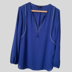 J Crew Tassel Trim Blouse Blue Size 6 NWOT